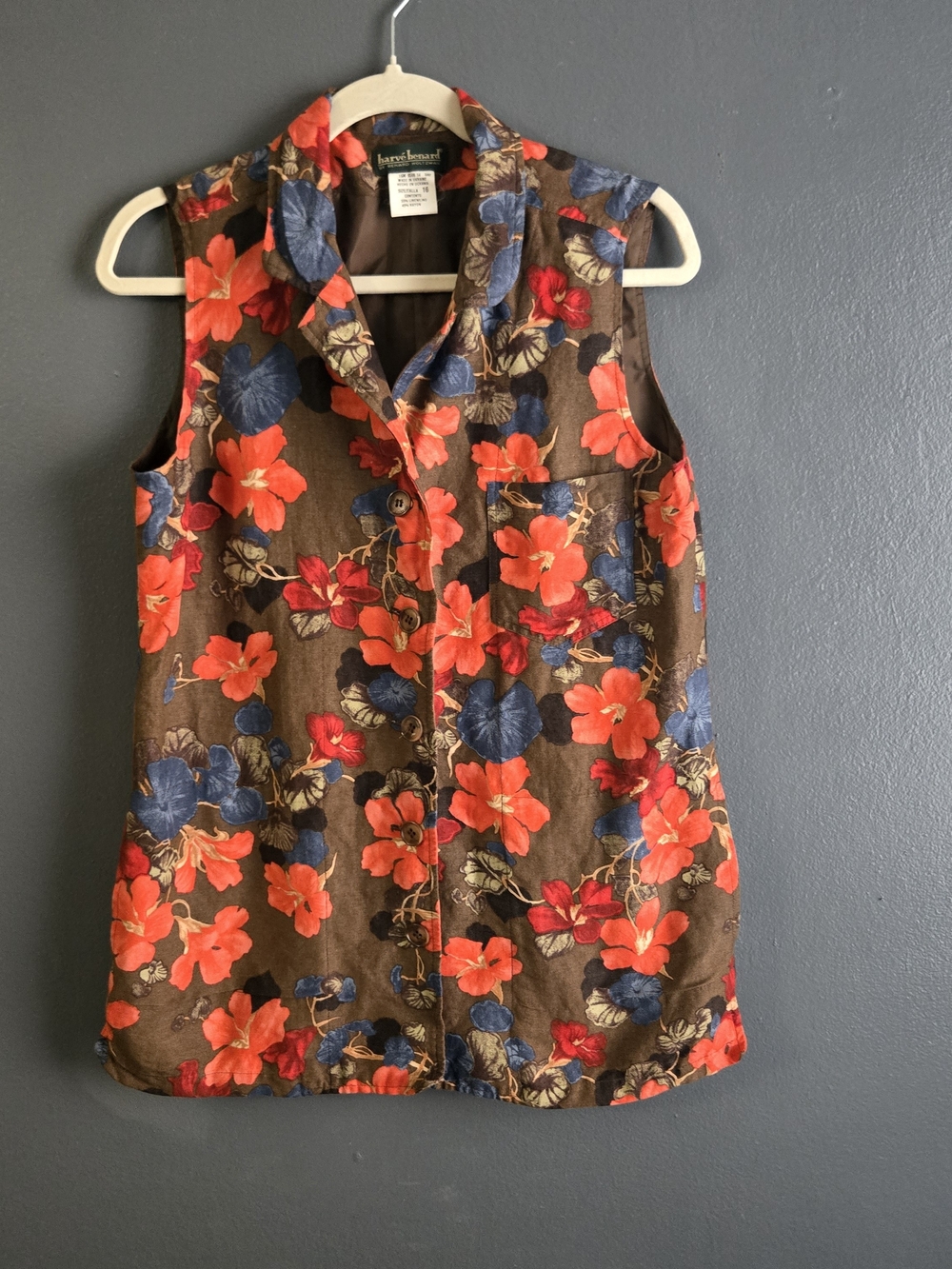 Harve Benard Brown Floral Sleeveless Vintage Button Up Pocket Waistcoat Vest 10 - Picture 4 of 7